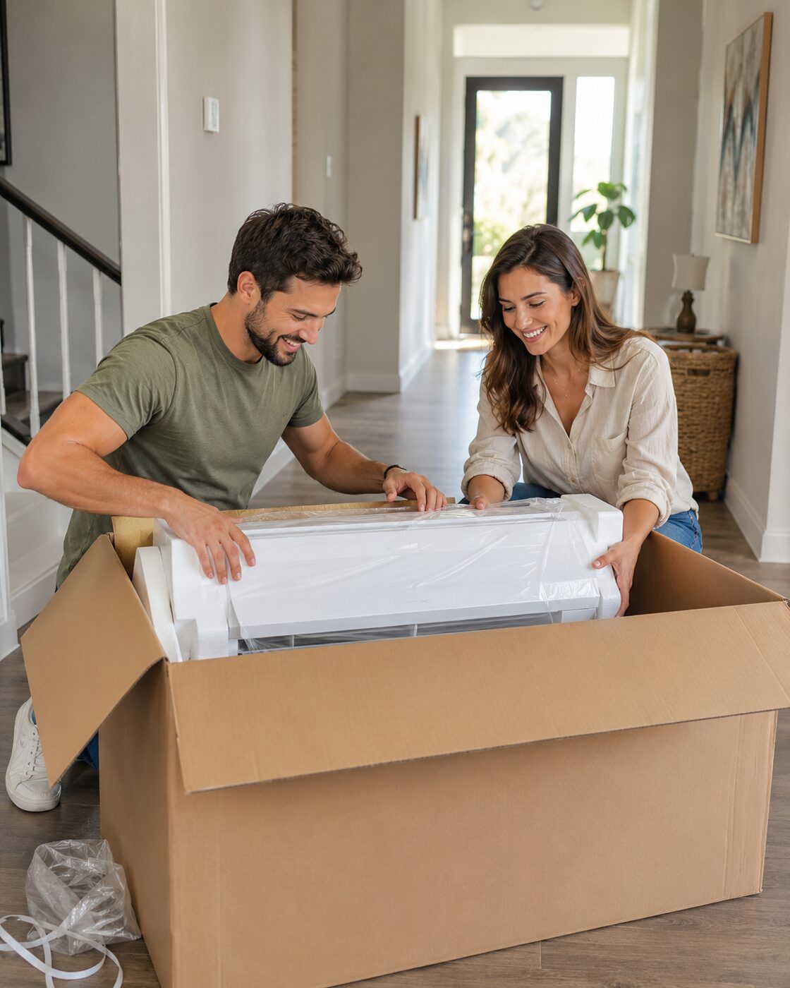 Paar packt ein neues Klimagerät aus dem Versandkarton aus