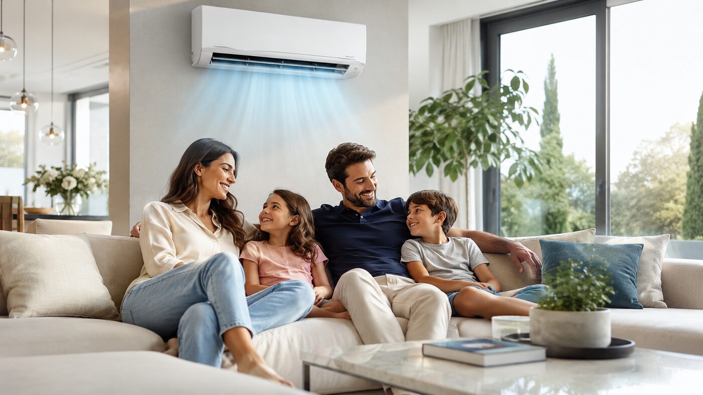 Familie mit zwei Kindern entspannt auf dem Sofa im kühlen Wohnzimmer