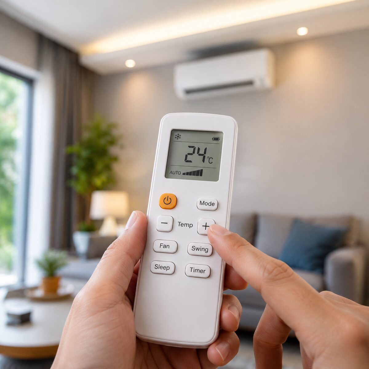 Hand hält Klimaanlagen-Fernbedienung mit 24 Grad im Wohnzimmer