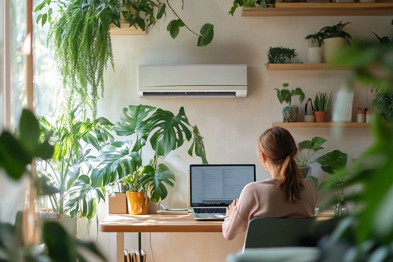 Frau arbeitet konzentriert im hellen, begrünten Homeoffice mit Klimagerät