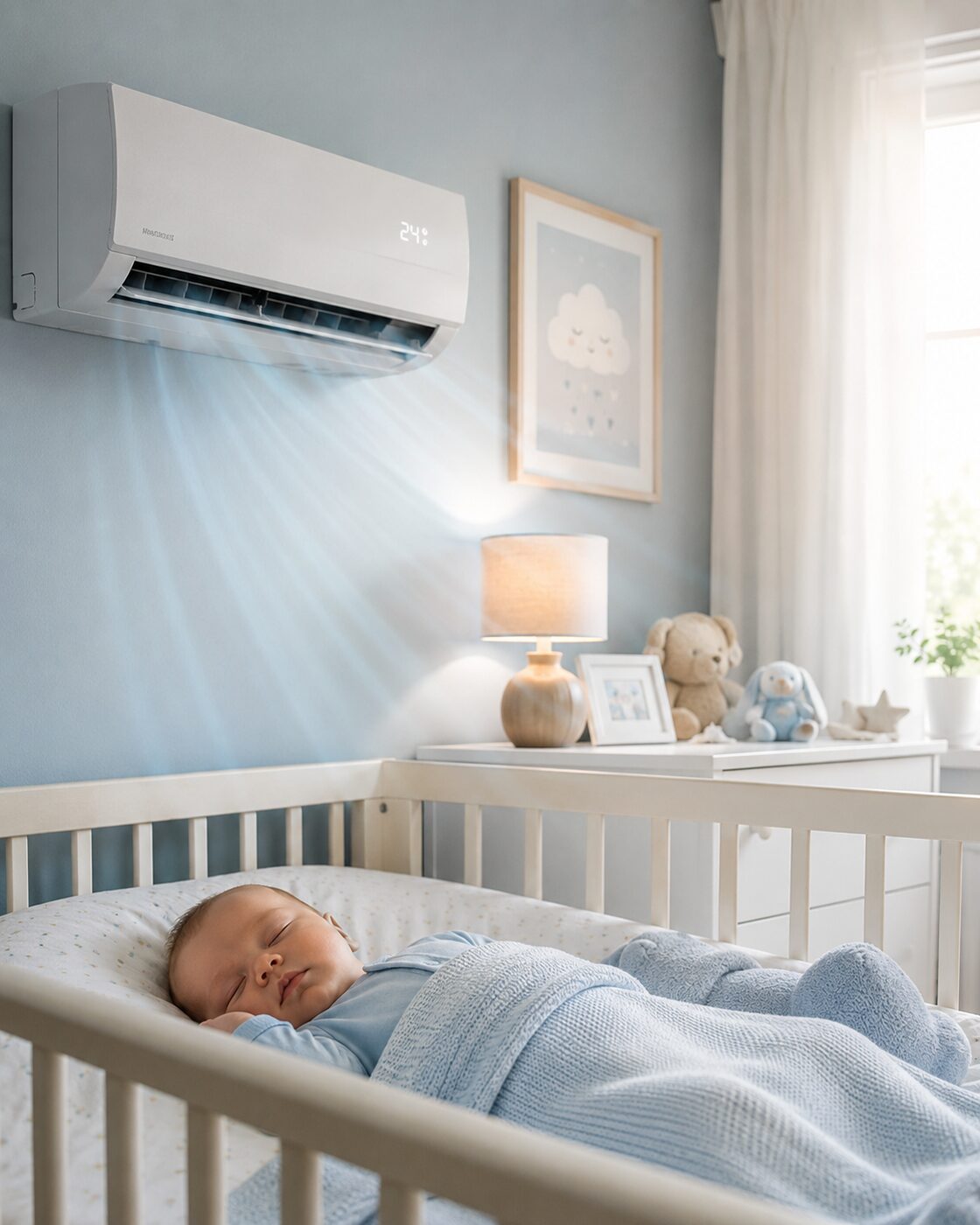 Schlafendes Baby im Kinderzimmer mit leisem Klimagerät