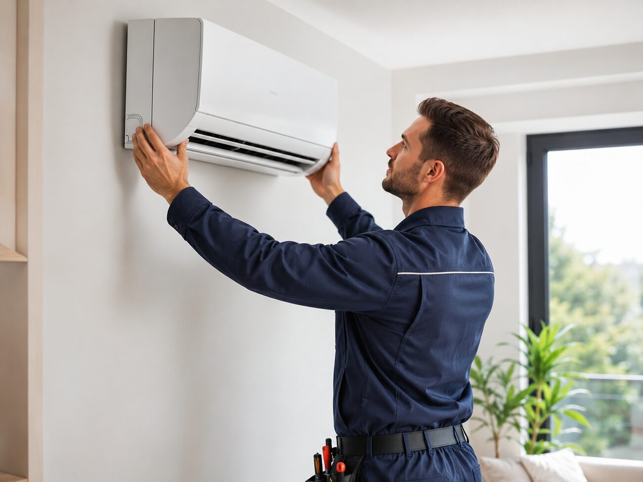Techniker montiert ein Split-Klimagerät fachgerecht an der Wand