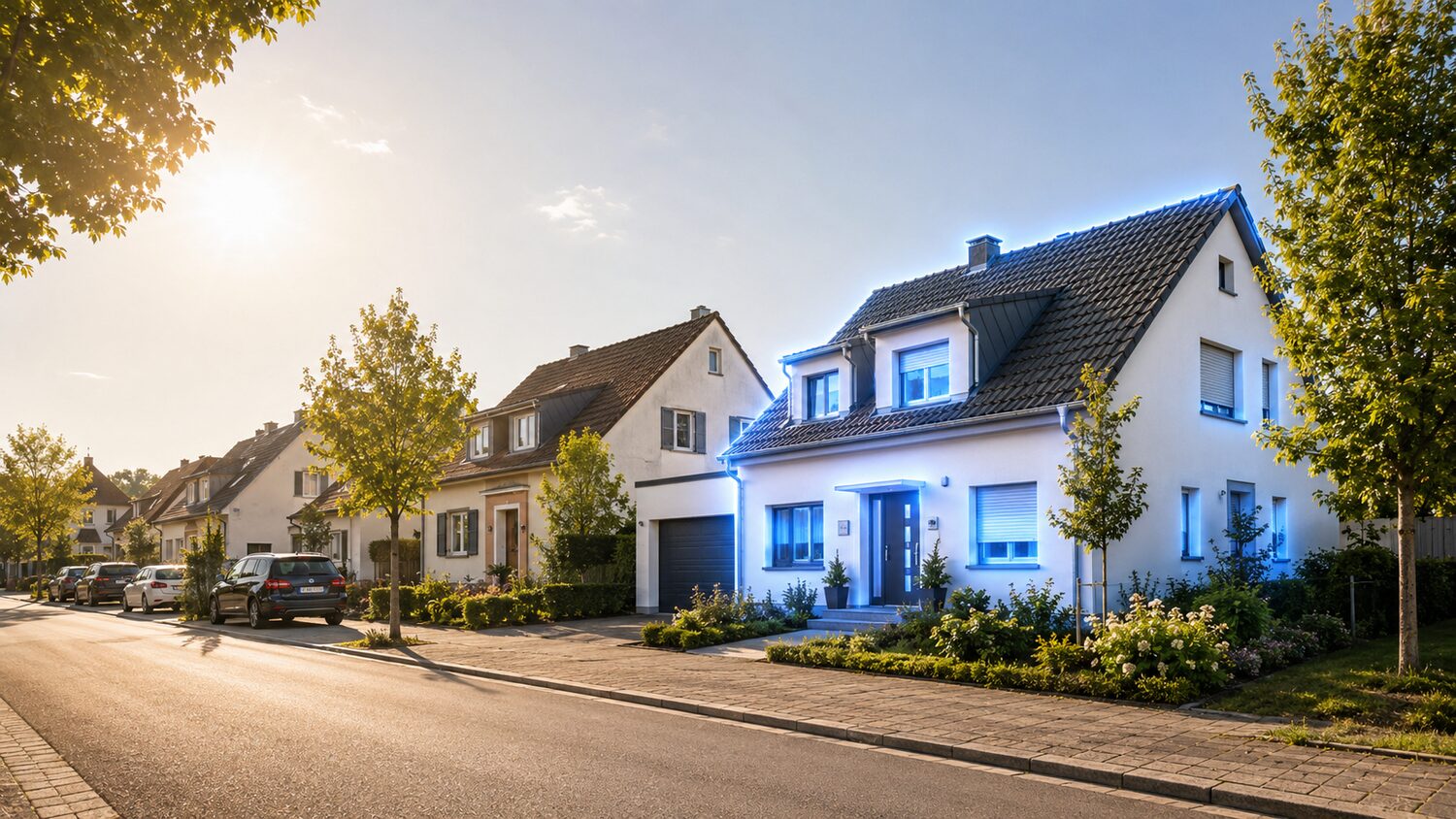 Wohnstraße mit Einfamilienhäusern in der Abenddämmerung – Symbol für deutschlandweite Lieferung