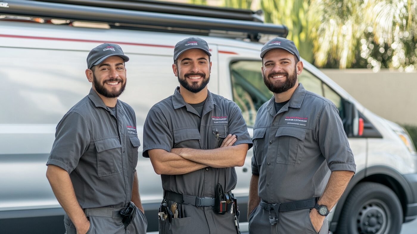Dreiköpfiges Montageteam in Arbeitskleidung vor einem Servicefahrzeug