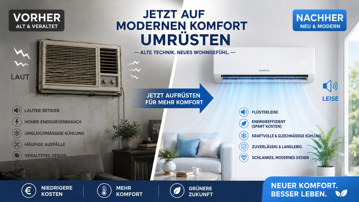 Vorher-Nachher-Vergleich: alte, laute Klimatechnik gegen moderne, leise Kühlebrise-Lösung